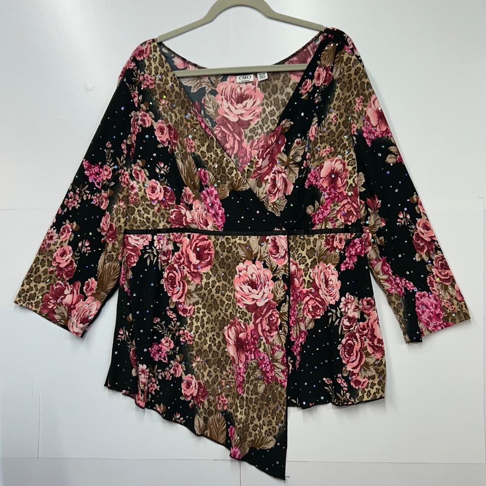 Cato Woman Plus Size 22/24 Floral Leopard sparkle Asymmetrical Wrap Top Pink